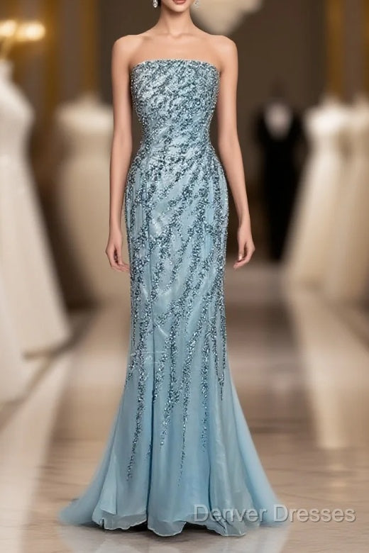 Vintage Mermaid Strapless Tulle Blue Beads Long Prom Gown Fairy Prom Dress