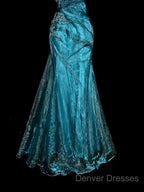 Vintage Mermaid Strapless Tulle Blue Long Prom Gown Fairy Prom Dress