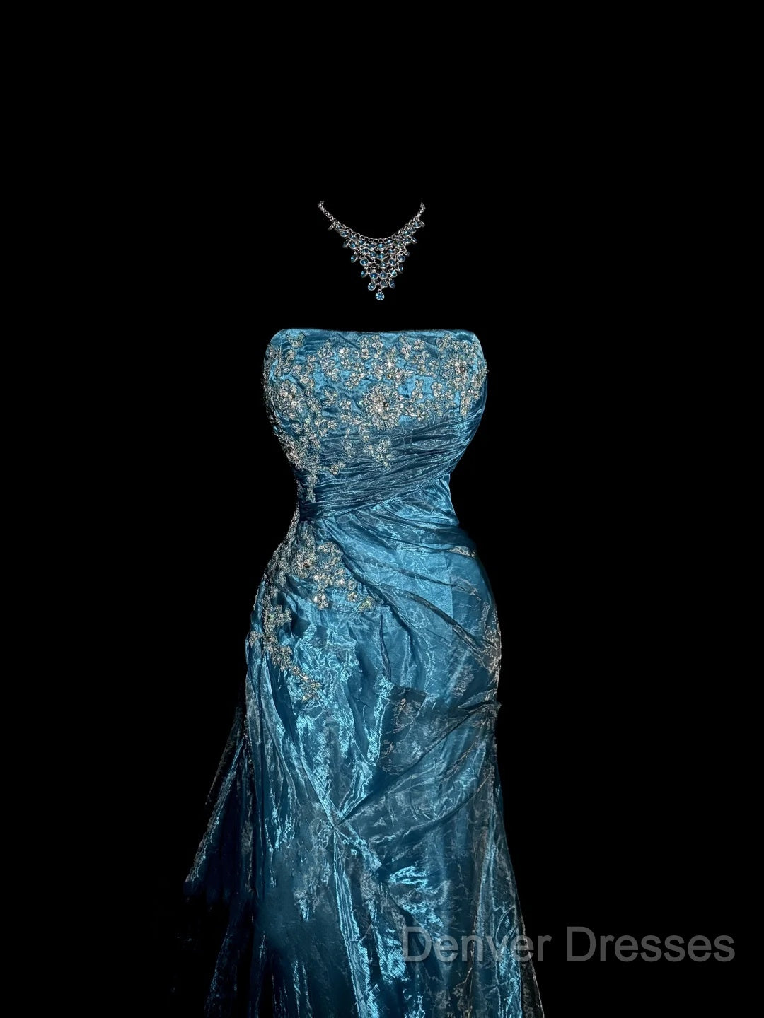 Vintage Mermaid Strapless Tulle Blue Long Prom Gown Fairy Prom Dress