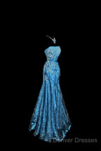 Vintage Mermaid Strapless Tulle Blue Long Prom Gown Fairy Prom Dress