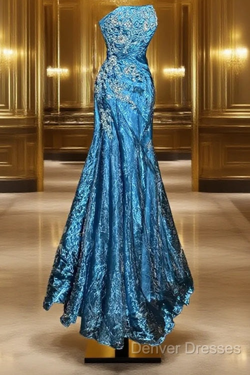 Vintage Mermaid Strapless Tulle Blue Long Prom Gown Fairy Prom Dress Main image