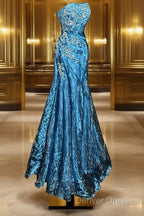 Vintage Mermaid Strapless Tulle Blue Long Prom Gown Fairy Prom Dress