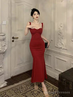 Vintage Mermaid Straps Black Satin Long Birthday Dress Prom Dresses