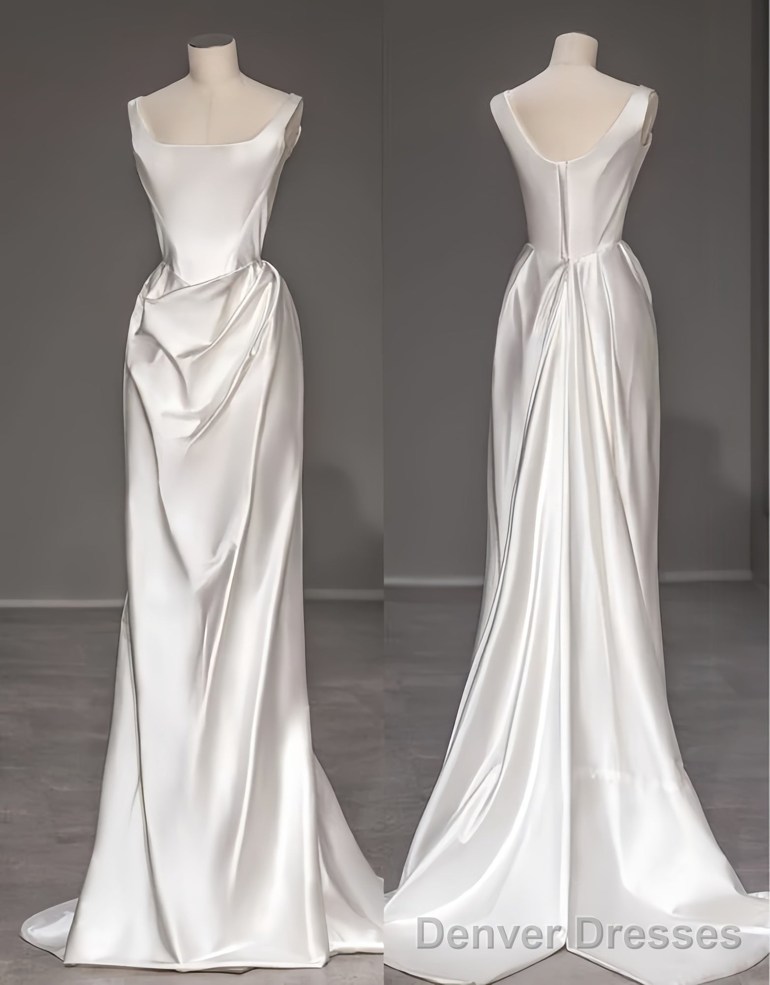 Vintage Mermaid Straps Long White Satin Backless Wedding Dresses Main image