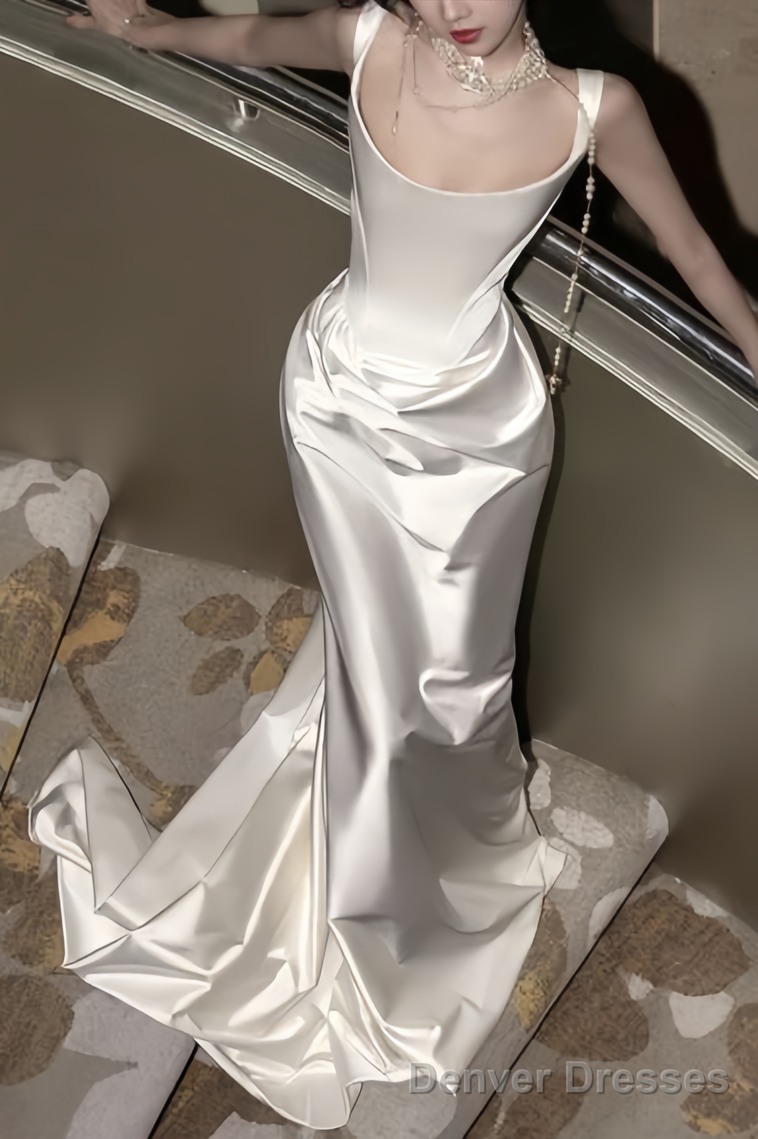 Vintage Mermaid Straps Sleeveless Satin Ivory Wedding Dress Main image