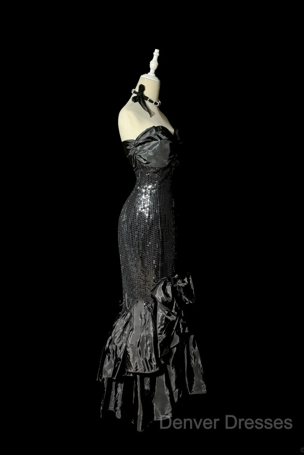 Vintage Mermaid Sweetheart Black Sequin Long Prom Gown Fairy Prom Dress