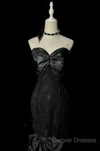 Vintage Mermaid Sweetheart Black Sequin Long Prom Gown Fairy Prom Dress