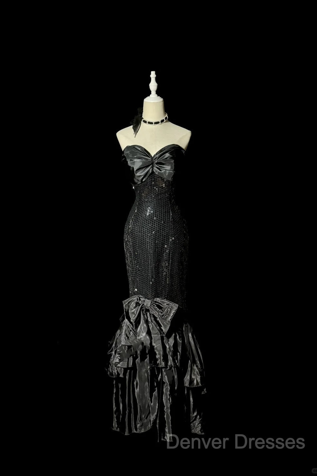 Vintage Mermaid Sweetheart Black Sequin Long Prom Gown Fairy Prom Dress