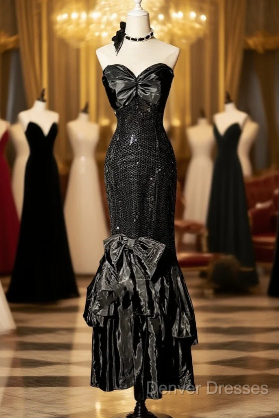 Vintage Mermaid Sweetheart Black Sequin Long Prom Gown Fairy Prom Dress Main image