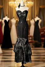 Vintage Mermaid Sweetheart Black Sequin Long Prom Gown Fairy Prom Dress