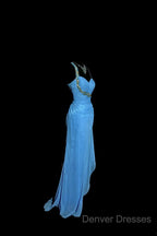 Vintage Mermaid Sweetheart Blue Chiffon Long Prom Gown Fairy Prom Dress