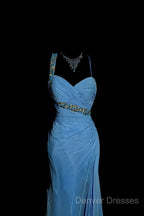 Vintage Mermaid Sweetheart Blue Chiffon Long Prom Gown Fairy Prom Dress