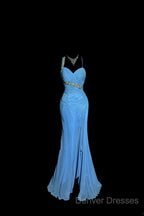 Vintage Mermaid Sweetheart Blue Chiffon Long Prom Gown Fairy Prom Dress
