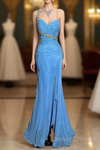 Vintage Mermaid Sweetheart Blue Chiffon Long Prom Gown Fairy Prom Dress