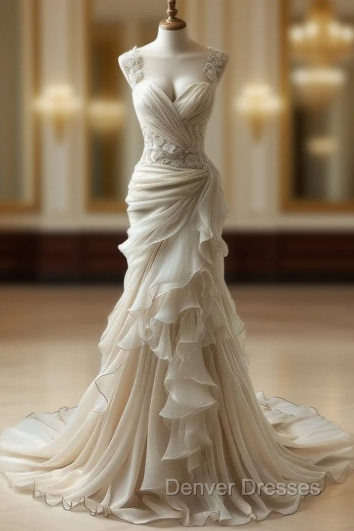 Vintage Mermaid Sweetheart Chiffon Lace Long Wedding Dress Main image