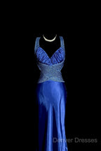 Vintage Mermaid Sweetheart Neckline Royal Blue Satin Backless Prom Gown Fairy Prom Dress