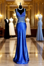 Vintage Mermaid Sweetheart Neckline Royal Blue Satin Backless Prom Gown Fairy Prom Dress