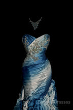 Vintage Mermaid Sweetheart Sleeveless Long Blue Prom Gown Fairy Prom Dress