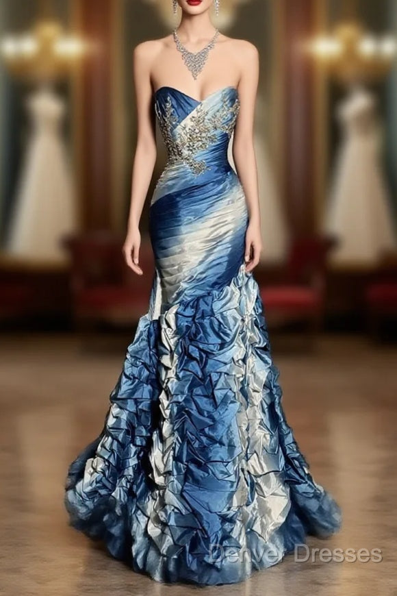 Vintage Mermaid Sweetheart Sleeveless Long Blue Prom Gown Fairy Prom Dress
