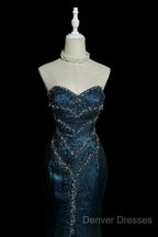 Vintage Mermaid Sweetheart Sleeveless Long Blue Slit Prom Gown Fairy Prom Dress