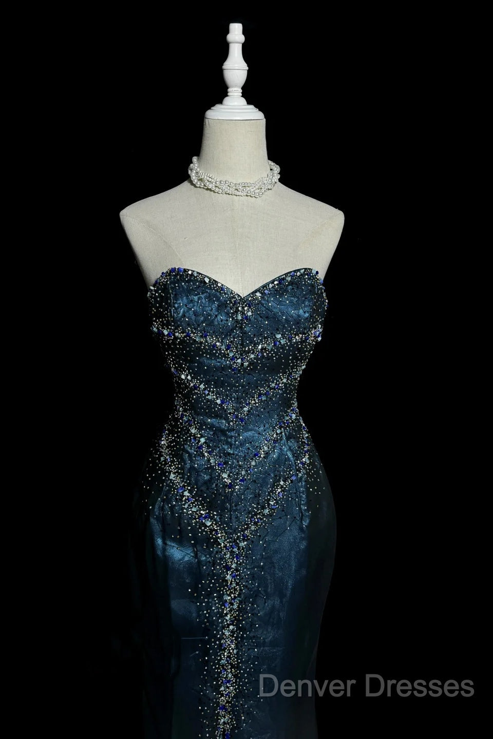 Vintage Mermaid Sweetheart Sleeveless Long Blue Slit Prom Gown Fairy Prom Dress