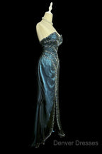 Vintage Mermaid Sweetheart Sleeveless Long Blue Slit Prom Gown Fairy Prom Dress