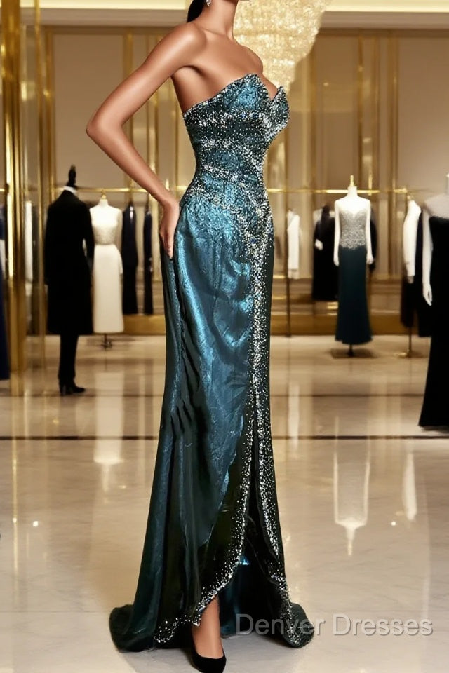 Vintage Mermaid Sweetheart Sleeveless Long Blue Slit Prom Gown Fairy Prom Dress