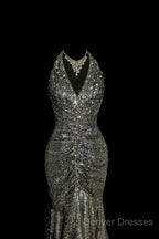 Vintage Mermaid V Neckline Gray Sequin Long Prom Gown Fairy Prom Dress