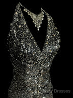 Vintage Mermaid V Neckline Gray Sequin Long Prom Gown Fairy Prom Dress