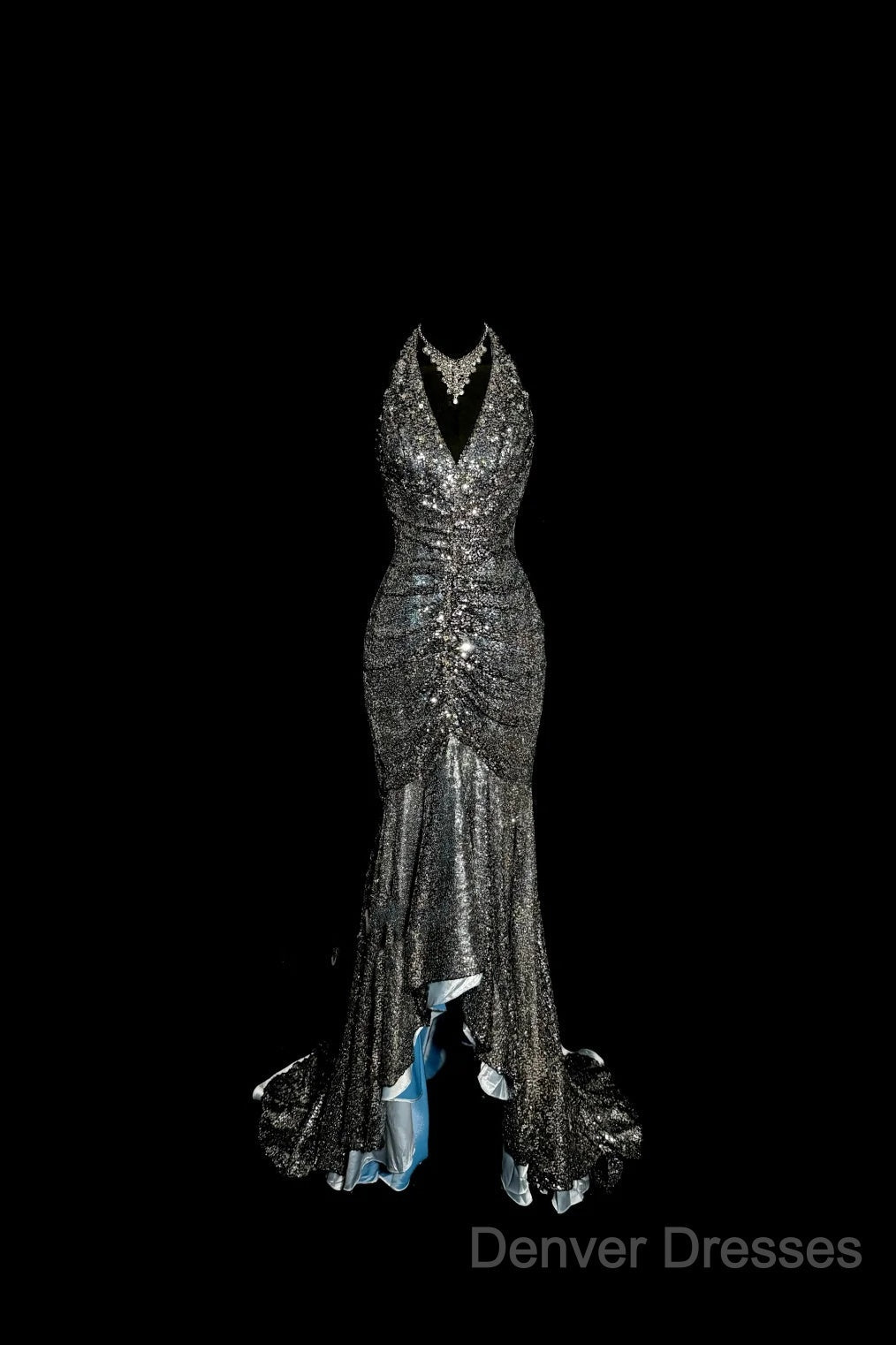Vintage Mermaid V Neckline Gray Sequin Long Prom Gown Fairy Prom Dress