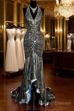 Vintage Mermaid V Neckline Gray Sequin Long Prom Gown Fairy Prom Dress