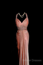 Vintage Mermaid V Neckline Pink Backless Long Prom Gown Fairy Prom Dress