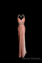 Vintage Mermaid V Neckline Pink Backless Long Prom Gown Fairy Prom Dress