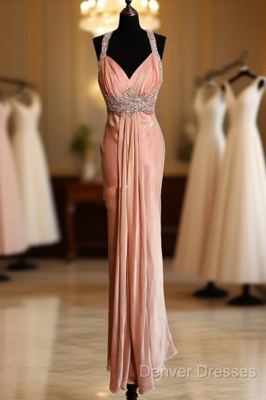 Vintage Mermaid V Neckline Pink Backless Long Prom Gown Fairy Prom Dress