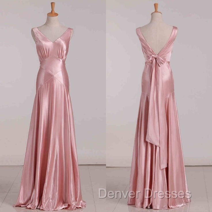 Vintage Mermaid V Neckline Pink Satin Long Prom Dress Party Evening Dress