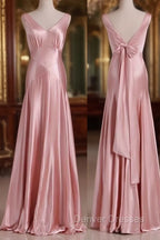 Vintage Mermaid V Neckline Pink Satin Long Prom Dress Party Evening Dress