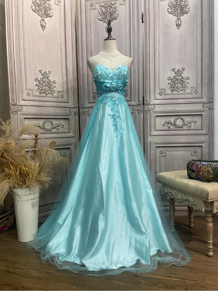 Vintage Mint Ice Blue A-Line Strapless 3D Floral Embroidery Satin Tulle Long Prom Dress Evening Dress Main image