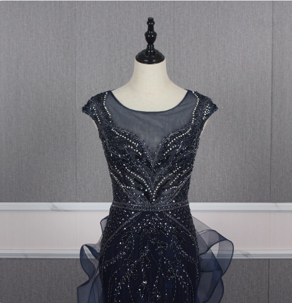 Vintage Navy Blue Mermaid Crew Neck Beaded Tulle Train Prom Dress Evening Dress Secondary image