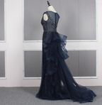 Vintage Navy Blue Mermaid Crew Neck Beaded Tulle Train Prom Dress Evening Dress
