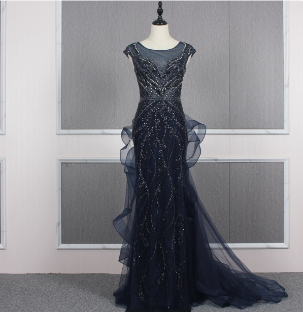 Vintage Navy Blue Mermaid Crew Neck Beaded Tulle Train Prom Dress Evening Dress Main image