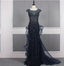 Vintage Navy Blue Mermaid Crew Neck Beaded Tulle Train Prom Dress Evening Dress