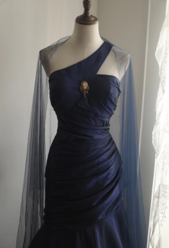 Vintage Navy Blue Mermaid One-Shoulder Satin Long Prom Dress Evening Dress