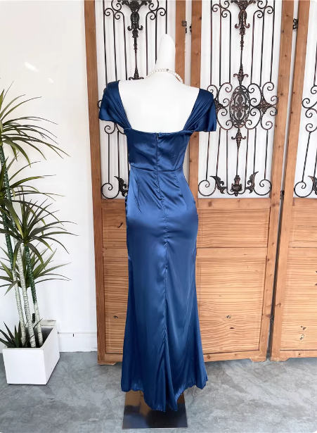 Vintage Navy Blue Mermaid Puff Sleeve Satin Long Prom Dress Evening Dress Secondary image