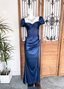 Vintage Navy Blue Mermaid Puff Sleeve Satin Long Prom Dress Evening Dress