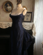 Vintage Navy Blue Mermaid Spaghetti Strap Square Neck Backless Satin Train Prom Dress Evening Dress