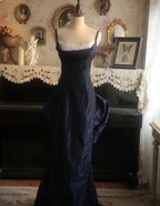 Vintage Navy Blue Mermaid Spaghetti Strap Square Neck Backless Satin Train Prom Dress Evening Dress