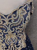 Vintage Navy Blue Off-Shoulder Gold Embroidered Rhinestone Tulle Long Prom Dress Evening Dress