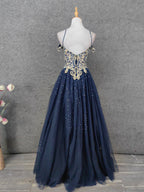 Vintage Navy Blue Off-Shoulder Gold Embroidered Rhinestone Tulle Long Prom Dress Evening Dress