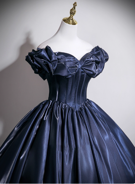 Vintage Navy Blue Off-The-Shoulder Satin Ball Gown Evening Dress Sweet 16 Dress