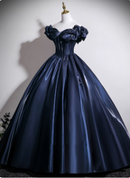 Vintage Navy Blue Off-The-Shoulder Satin Ball Gown Evening Dress Sweet 16 Dress